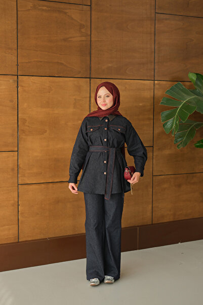 LOCCO Women's Waist-Tie Denim Suit Navy Blue