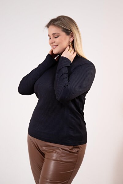 Roxxlen 1220626 Μεγάλο μέγεθος κοτλέ Γυναικεία μπλούζα με ζιβάγκο μαύρη