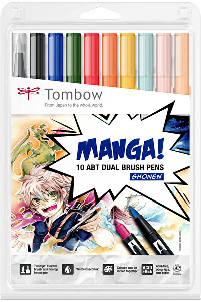 Tombow ABT Dual Brush Pen Manga Sohnen Set 10 markere pensula, culori asortate