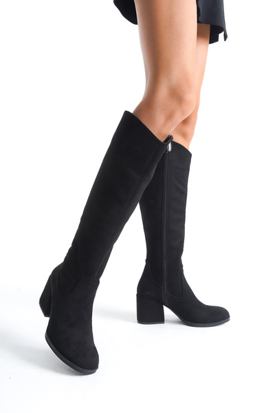 Redoxy Women's Special Design Oval Toe Thick Heeled Zippered Suede Boots