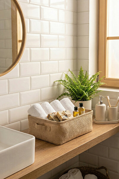 PH Prendi Home Jüt Kumaş Banyo Düzenleyici Sepet Dekoratif Çok Amaçlı Organizer Kutu 37x27x10