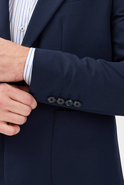 Frappoli Caserta Men's Navy Blue Polyviscose Fabric Monocollar Half-Lined Slimfit Suit with Pocket Pockets 2-Piece Suit