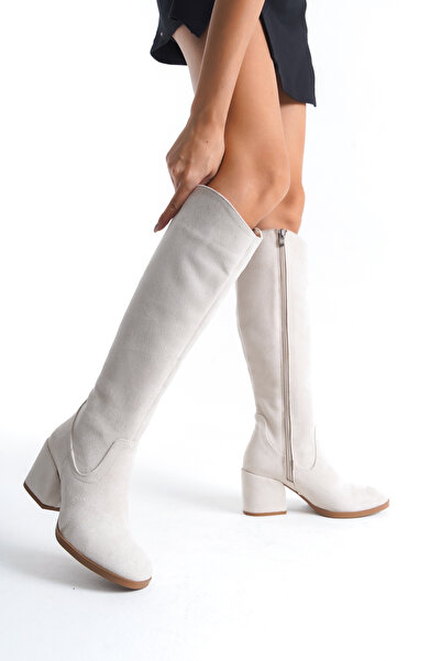 Redoxy Women's Special Design Oval Toe Thick Heeled Zippered Suede Boots