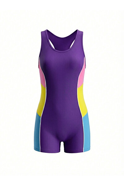 My-o Girls' Swimsuit with Shorts - Color Block Long Leg Sporty Training and Beach Swimwear