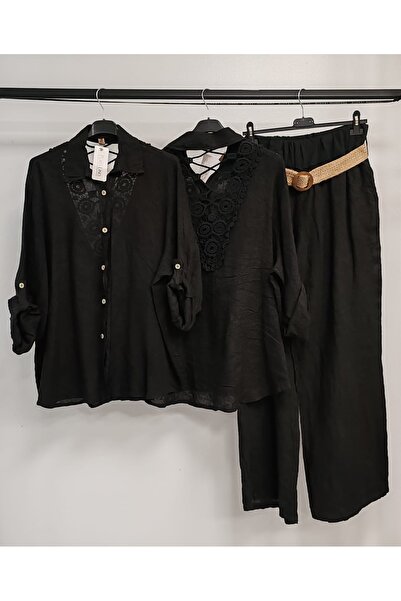 della moor Women's Black Italian Lace Back Linen Suit with Pants and Shirt