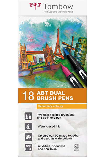Tombow ABT Dual Brush Pen Secondary Colours Set 18 brush markers, assorted colours
