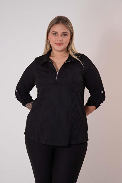 Roxxlen 3330741 Πλεκτό με φερμουάρ μεγάλου μεγέθους Γυναικεία μπλούζα Μαύρη
