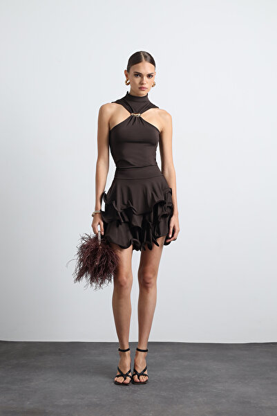 Mozto Amoura Brown Halter Neck Mini Dress with Accessories