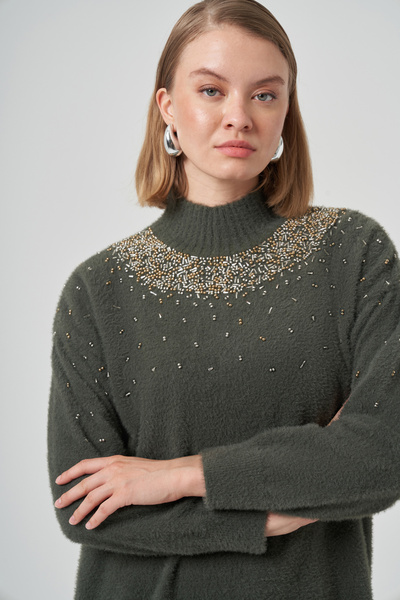 Nuss Beaded Angora Sweater 7003 Khaki