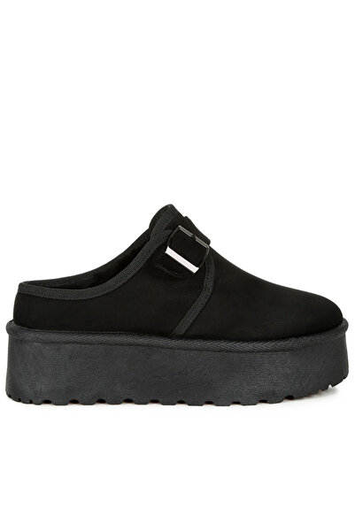 london Rag Women Buckle Strap Fur Platform Classic Slip-On in Black