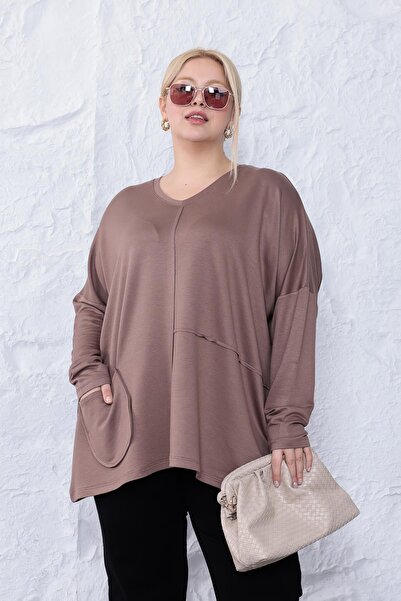 Siyezen Plus Size Oversized Modal Blouse with Pocket Detail