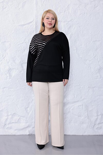 Siyezen Plus Size Silver Detailed Batwing Sleeve Blouse