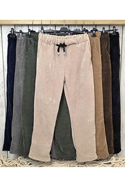 pudubutik Elastic Waist Velvet Beige Trousers