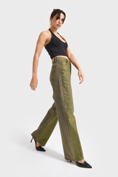 its basic Women's Green T-3W5-141 Straight Fit Full Shiny Stone Special Design Denim Jean