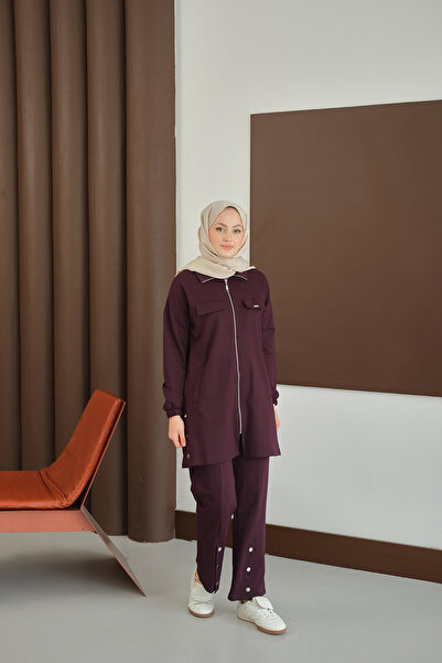 LOCCO Women's Suit with Snap Detail on the Sides and Zipper, Plum Color