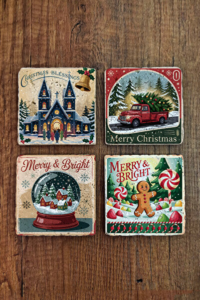 Begoloni Stone Decor Natural Stone Coasters - Vintage Christmast Printed 10X10Cm New Year Stone Coasters 510