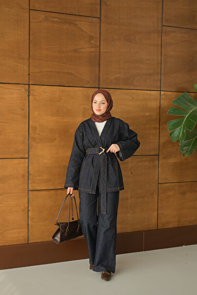 LOCCO Women's Tie-Waist Kimono Set Navy Blue