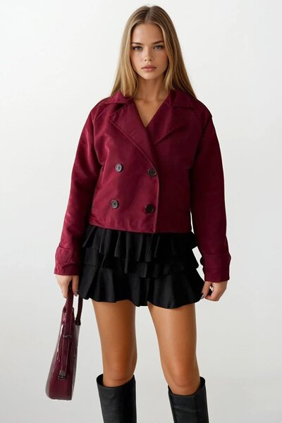 VAGGON Women's Burgundy Double-Breasted Short Trench Coat with Lining Inside the Collar Vs01185