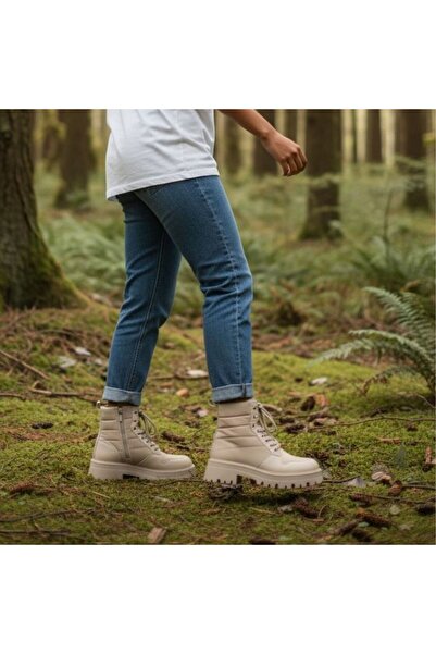 NE&VE SHOES Siyah Hakiki Deri Paraşüt Detaylı Bağcıklı Kadın İçten Fermuarlı Bot