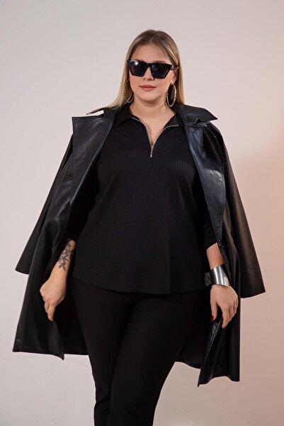 Roxxlen 3330741 Πλεκτό με φερμουάρ μεγάλου μεγέθους Γυναικεία μπλούζα Μαύρη