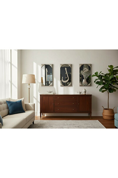 Amisos Dekor Elif Lâm Mîm 3’lü Eko Set – 30x60 Gümüş Çerçeveli Füme Aynalı, Kristal Taş İşlemeli Dekoratif Tablo