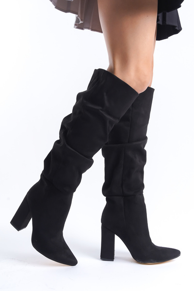 Redoxy Women's Special Gusseted Design Thick High Heeled Black Suede Pull up Boots