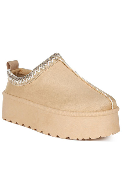 london Rag Women Beige Embroidered Platform Fur Classic Slip-On