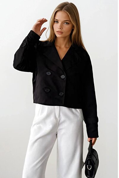 VAGGON Women's Black Double-Breasted Collar Lined Short Trench Coat Vs01185