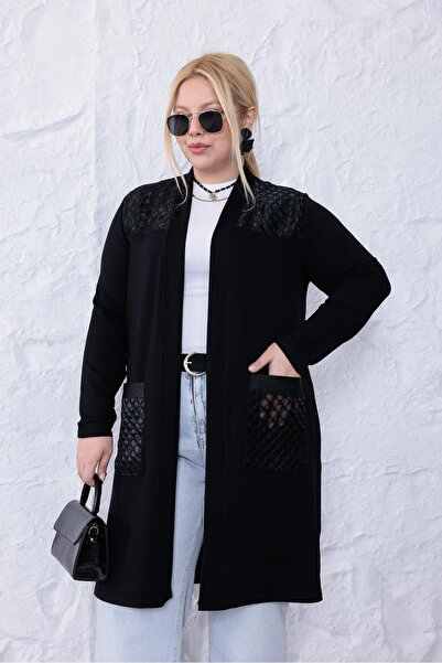 Siyezen Plus Size Cardigan with Pockets Organza Tulle Detail