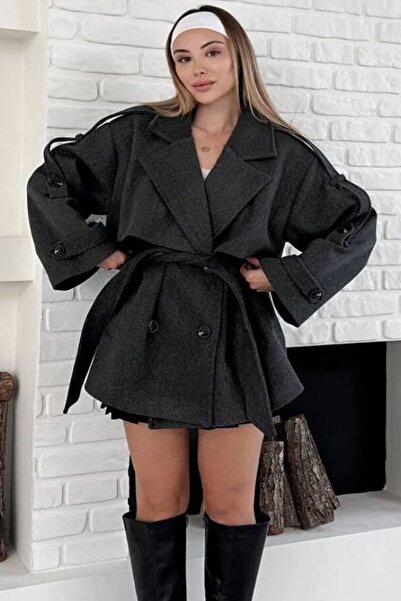 VAGGON Women's Anthracite Double-Breasted Collar Belted Cashmere Coat Vs01647