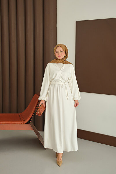 LOCCO Women's Drawstring Detail Dress Ecru