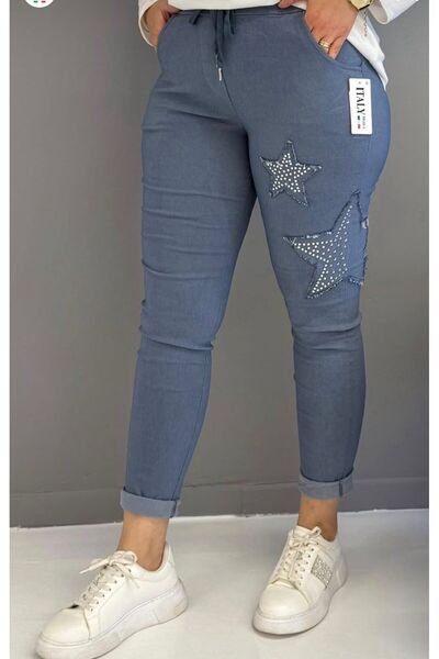 NUR TEKSTİL Kadın buz mavisi Taş İşleme Detaylı Yıldız Yamalı Beli lastikli I...