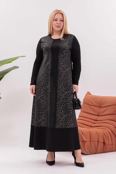 Siyezen Plus Size Leopard Detailed Rhinestone Dress