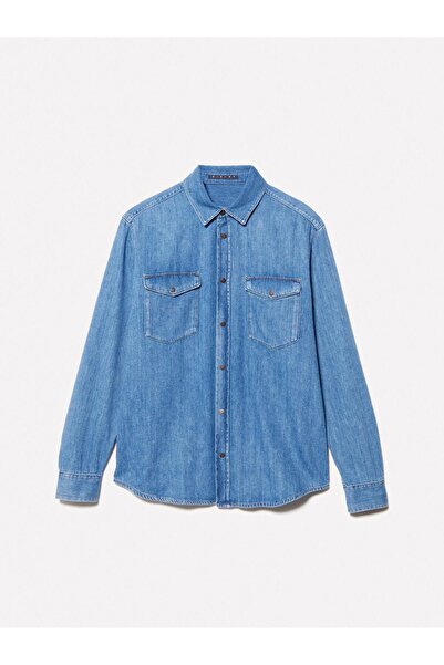 Sisley 100% Cotton Regular Fit Denim Shirt with 2 Front Pockets Men's Blue Denim Shirt - 325P53Gesq04G