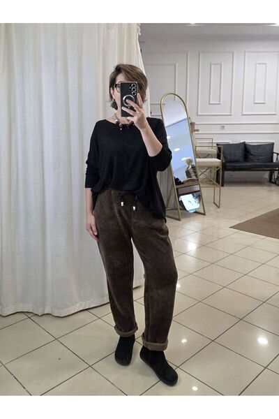 pudubutik Elastic Waist Velvet Italian Brown Trousers