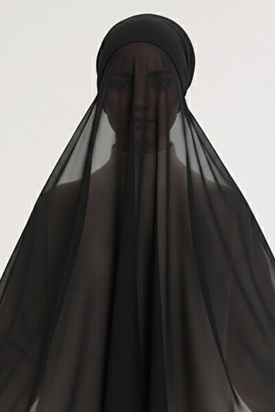 Sonbaharmoda Ready-To-Wear Chiffon Shawl with Tubular Bones Black – Stylish, Comfortable, and Convenient One-Piece Design