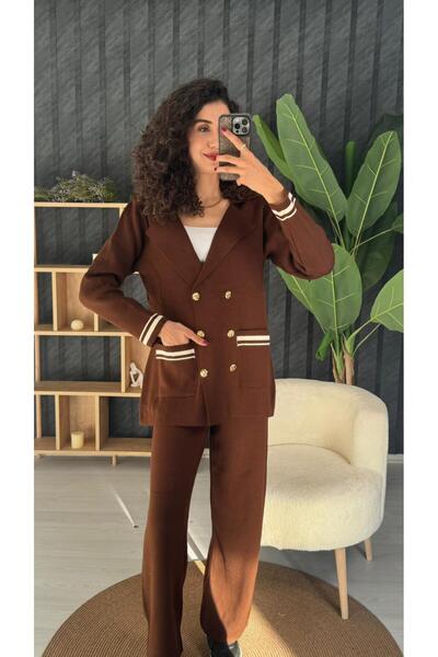 PUANT ATELIER Double Pocket Gold Button Detailed Knitwear Double-Breasted Blazer Set