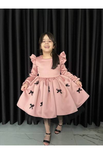 Sare Çocuk Giyim Deluxe Collection Girl's Pink Satin Black Bow Special Design Birthday Evening Dress