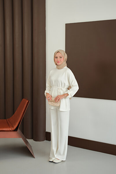 LOCCO Women's Waist-Tied Two-Piece Set Ecru