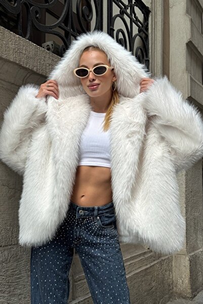 VAGGON Double Pocket Lined Hooded Fur Coat