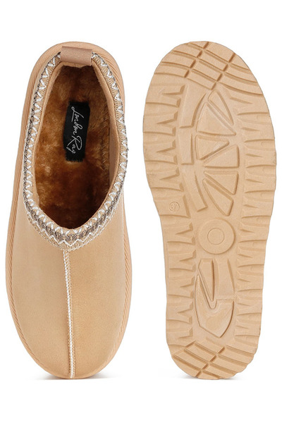 london Rag Women Beige Embroidered Platform Fur Classic Slip-On