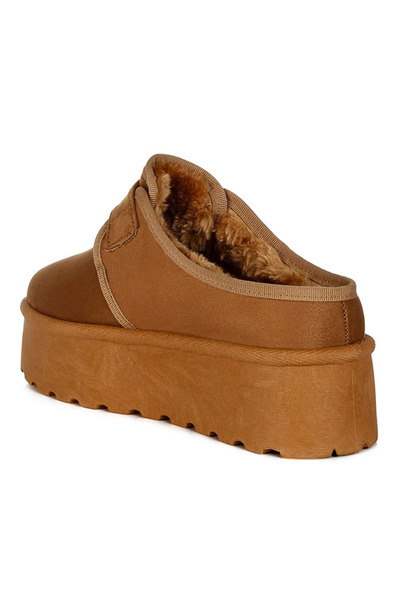 london Rag Women Buckle Strap Fur Platform Classic Slip-On in Tan