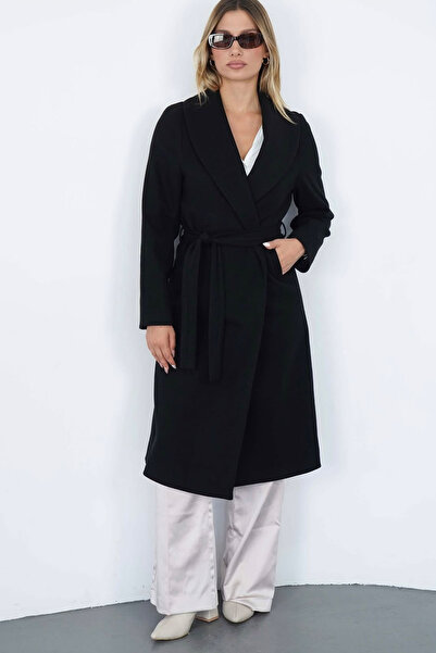 CİDDE Women's Shawl Collar Belted Premium Textured Long Coat Length 115cm