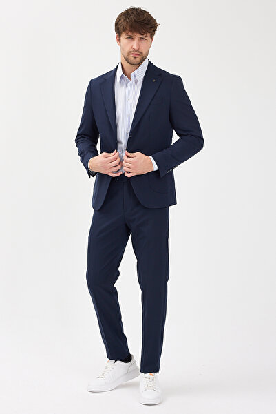 Frappoli Caserta Men's Navy Blue Polyviscose Fabric Monocollar Half-Lined Slimfit Suit with Pocket Pockets 2-Piece Suit