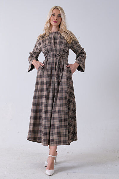 Feminist Bisiklet Yaka Ekose Desenli Bel Bağlamalı Tesettür Elbise Vizon 4593460