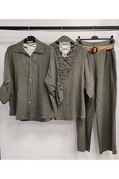 della moor Women's Khaki Italian Linen Suit with Lace Back, Includes Pants and Shirt