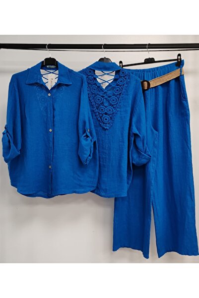 della moor Women's Cobalt Blue Italian Linen Suit with Lace Back, Includes Pants and Shirt