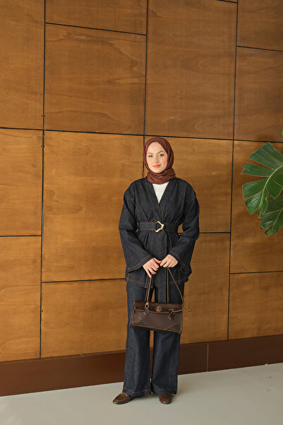 LOCCO Women's Tie-Waist Kimono Set Navy Blue