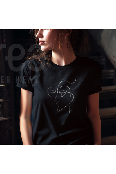 Crea Eymer Wear Artistic Crystal Stone Printed Cotton Crew Neck T-Shirt Black