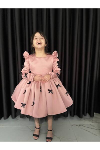 Sare Çocuk Giyim Deluxe Collection Girl's Pink Satin Black Bow Special Design Birthday Evening Dress